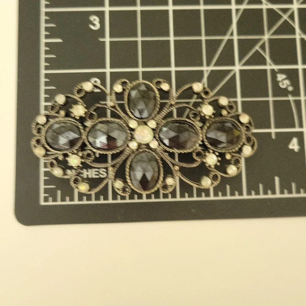 Vintage Style Black Rhinestone Antiqued Silver Filigree Brooch Pin 3.5in Gothic